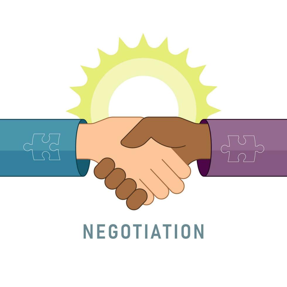 Friendly handshake or peace making against the backdrop of the sun. Vector illustration.