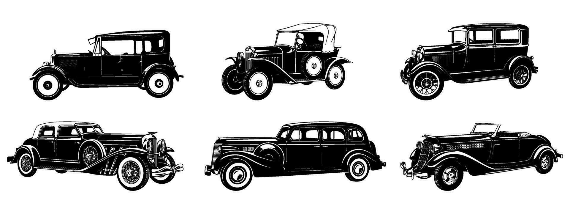 conjunto de Clásico retro carros. vector siluetas aislado en blanco.