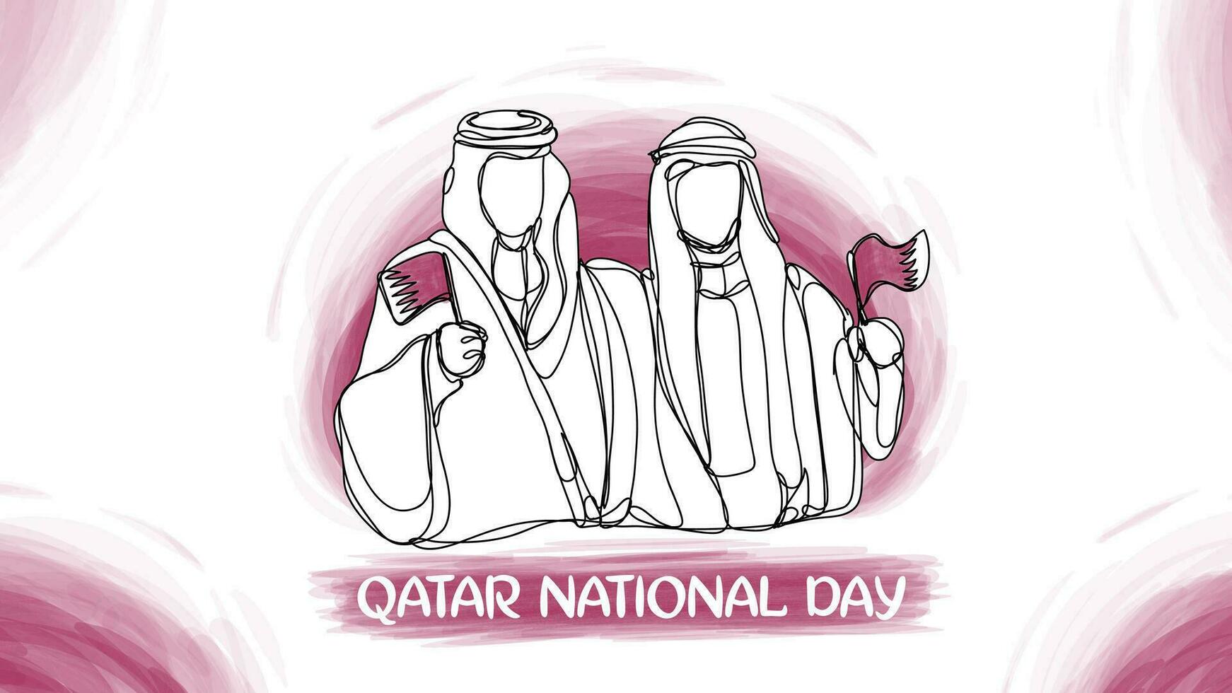 Qatar National Day Banner With Two Arab Man Holding Flag One Line Watercolor Style Illustration vector