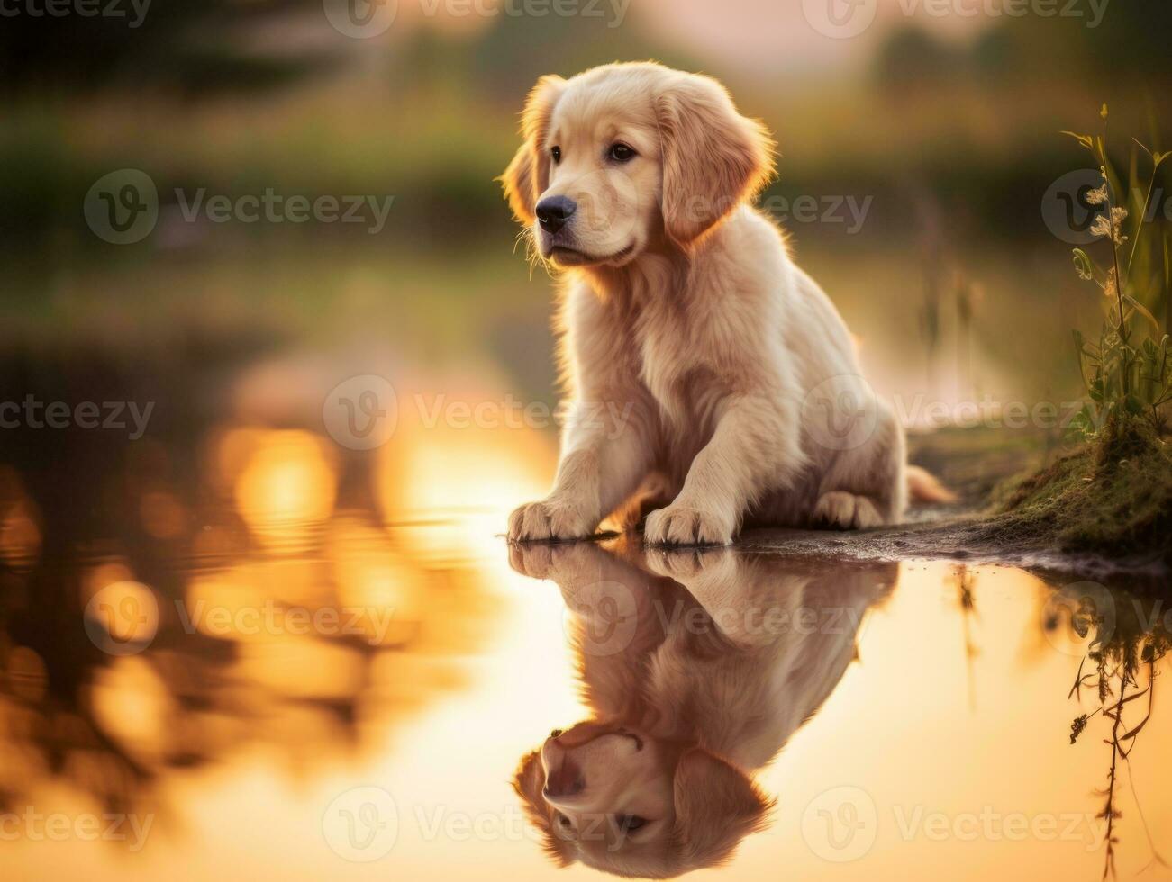 Dog and its reflection in a calm pond AI Generative photo