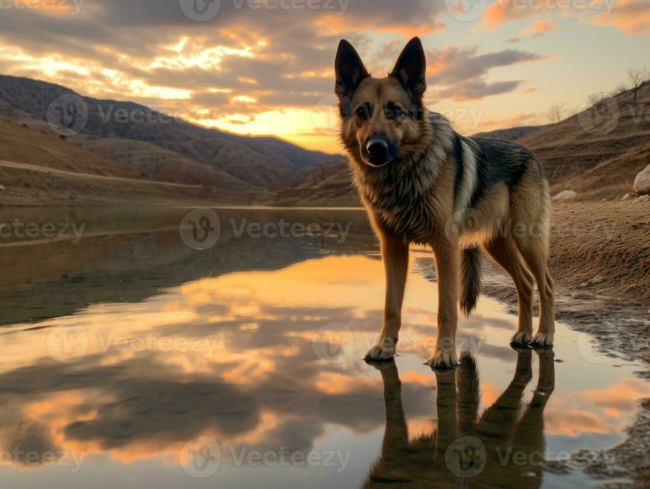 Dog and its reflection in a calm pond AI Generative photo
