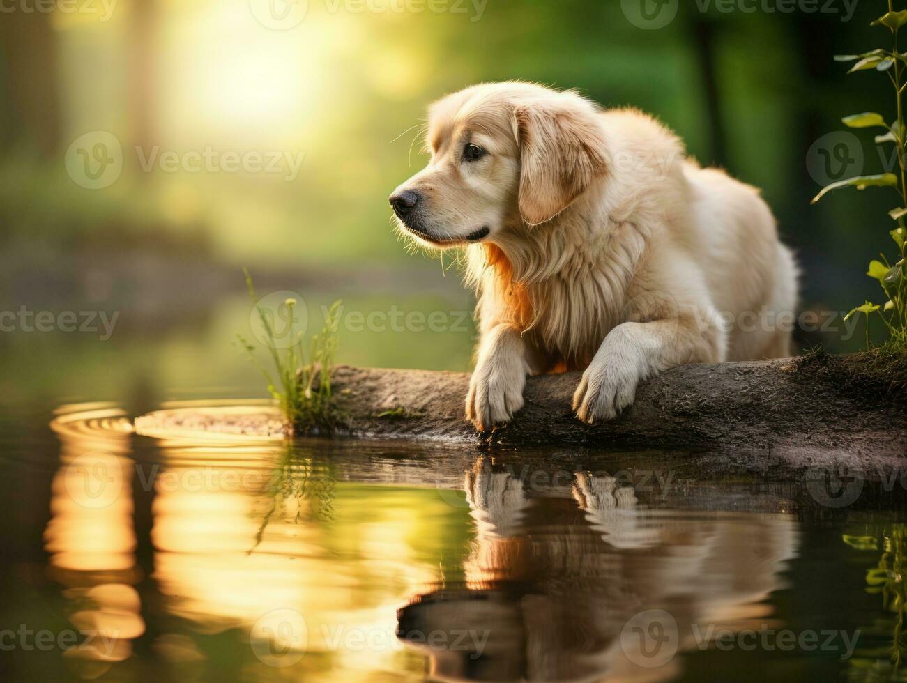 Dog and its reflection in a calm pond AI Generative photo