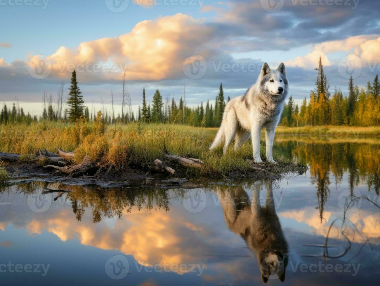 Dog and its reflection in a calm pond AI Generative photo