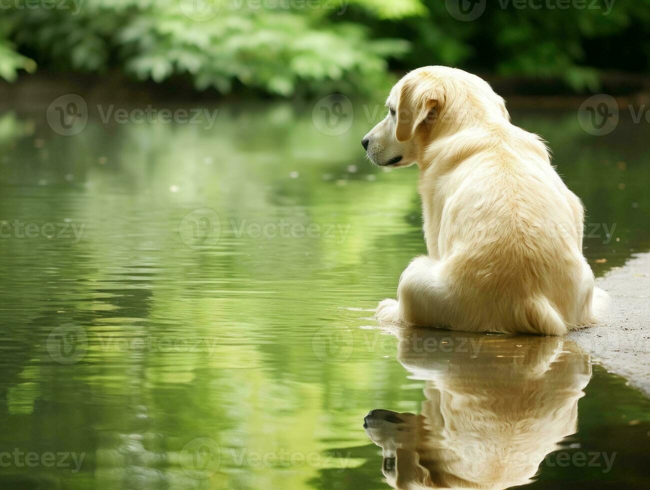 Dog and its reflection in a calm pond AI Generative photo