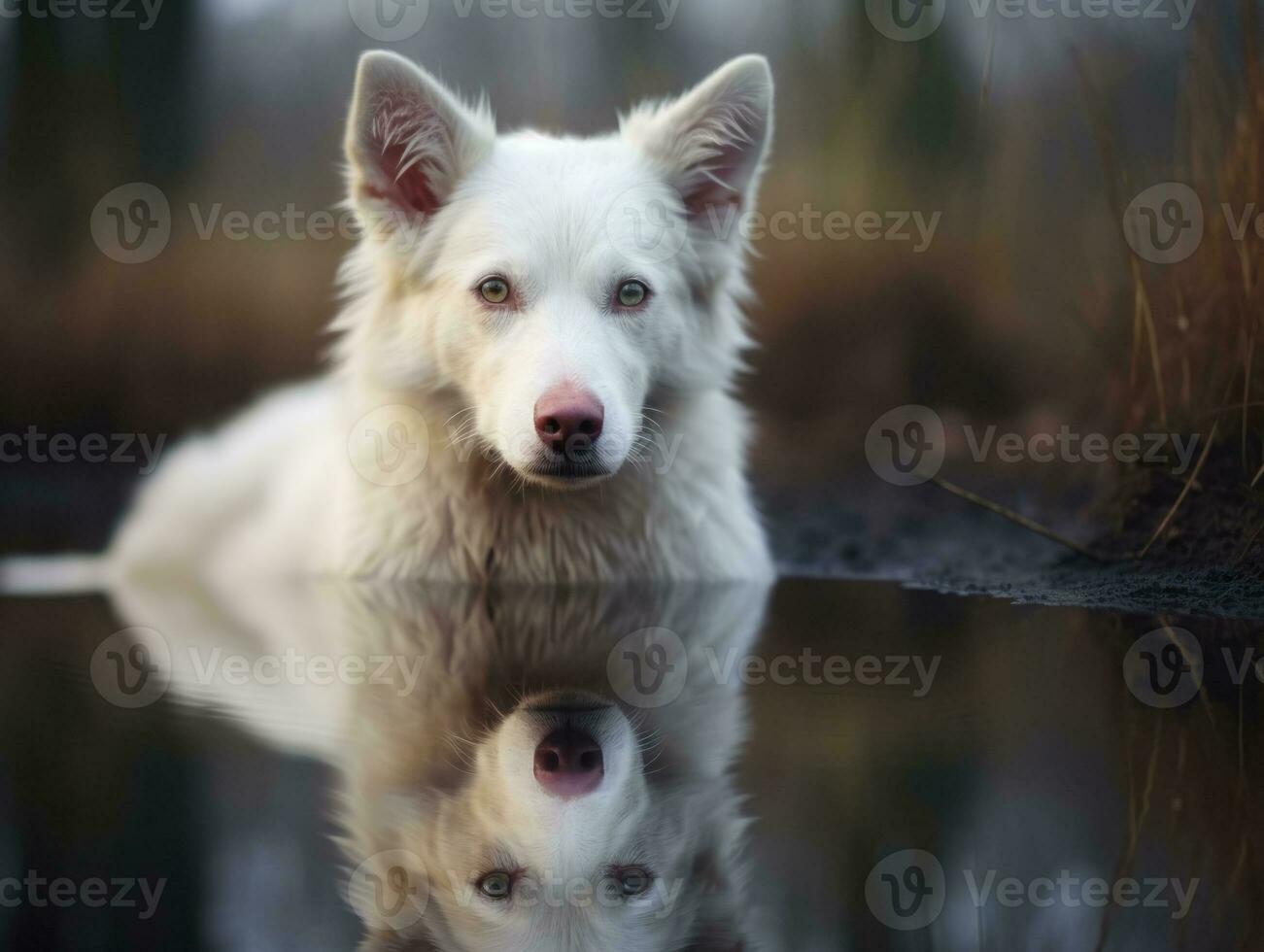 Dog and its reflection in a calm pond AI Generative photo