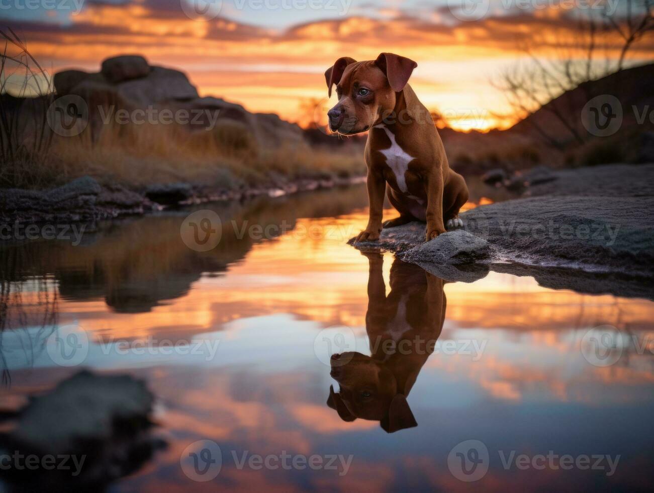 Dog and its reflection in a calm pond AI Generative photo