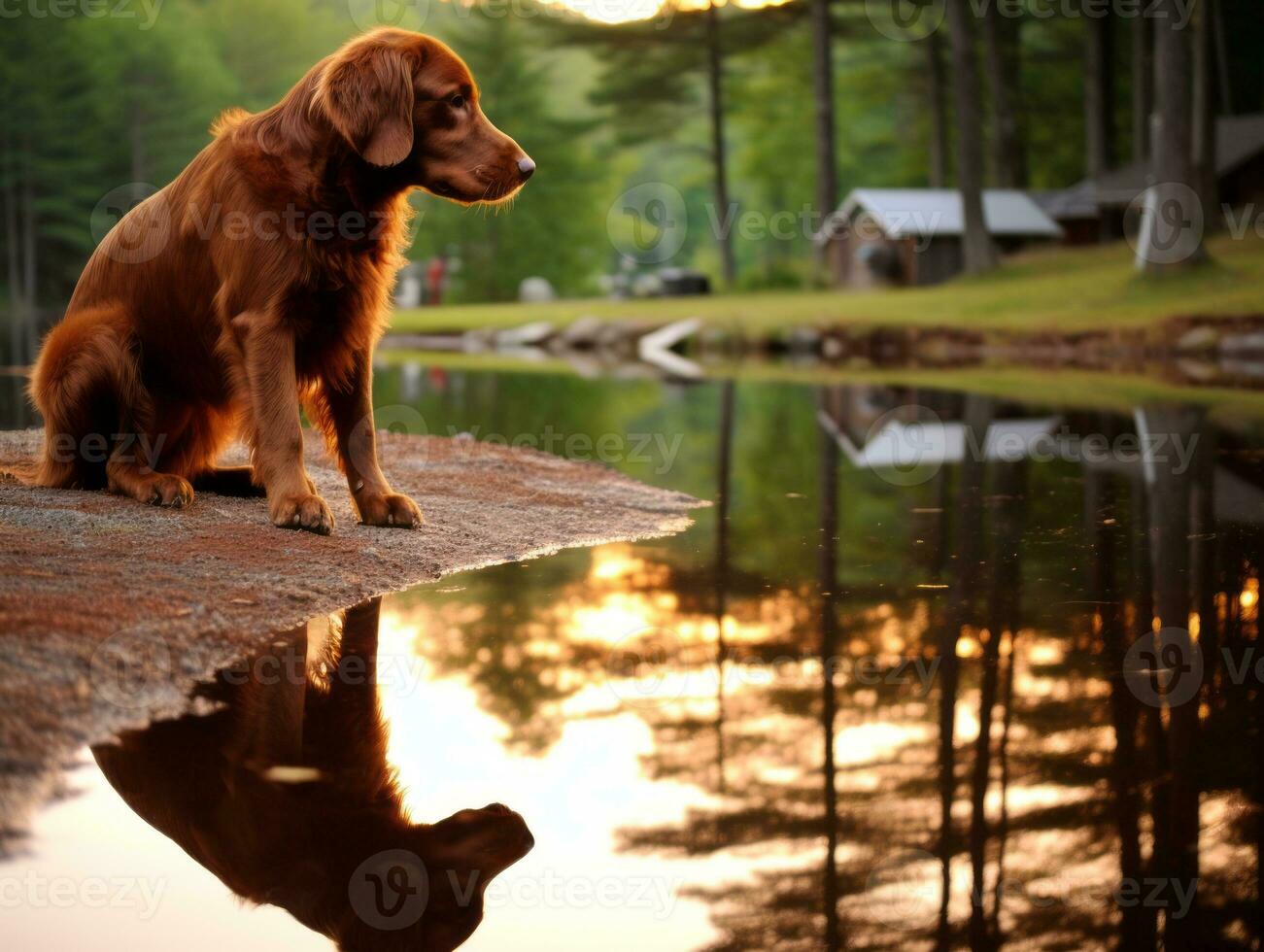 Dog and its reflection in a calm pond AI Generative photo