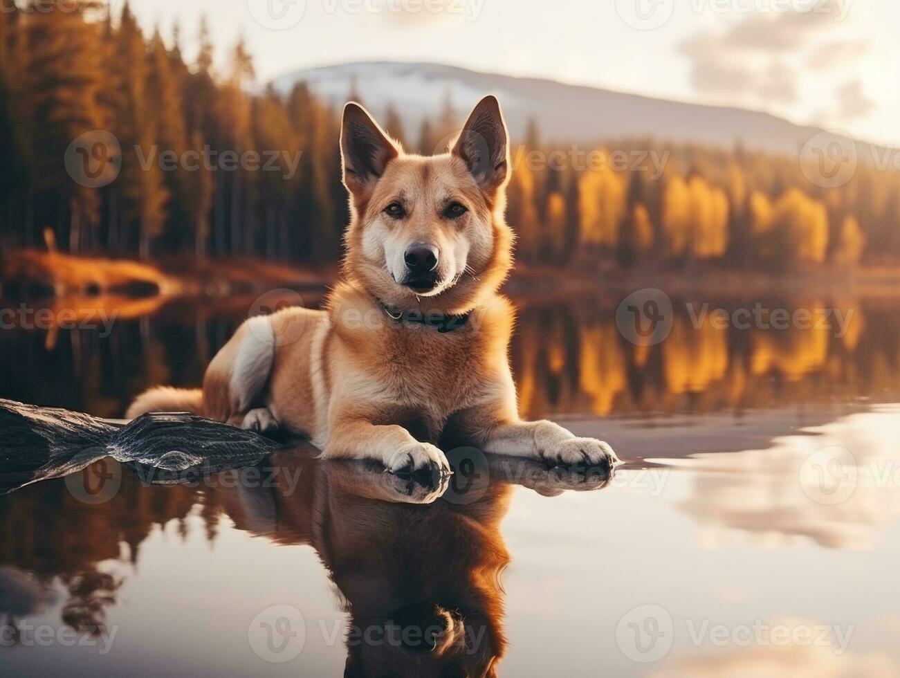 Dog and its reflection in a calm pond AI Generative photo