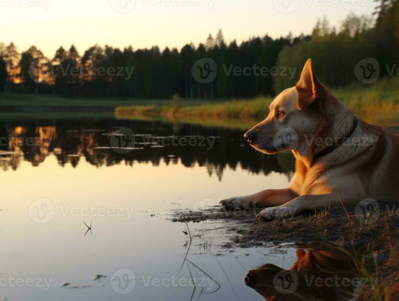 Dog and its reflection in a calm pond AI Generative photo