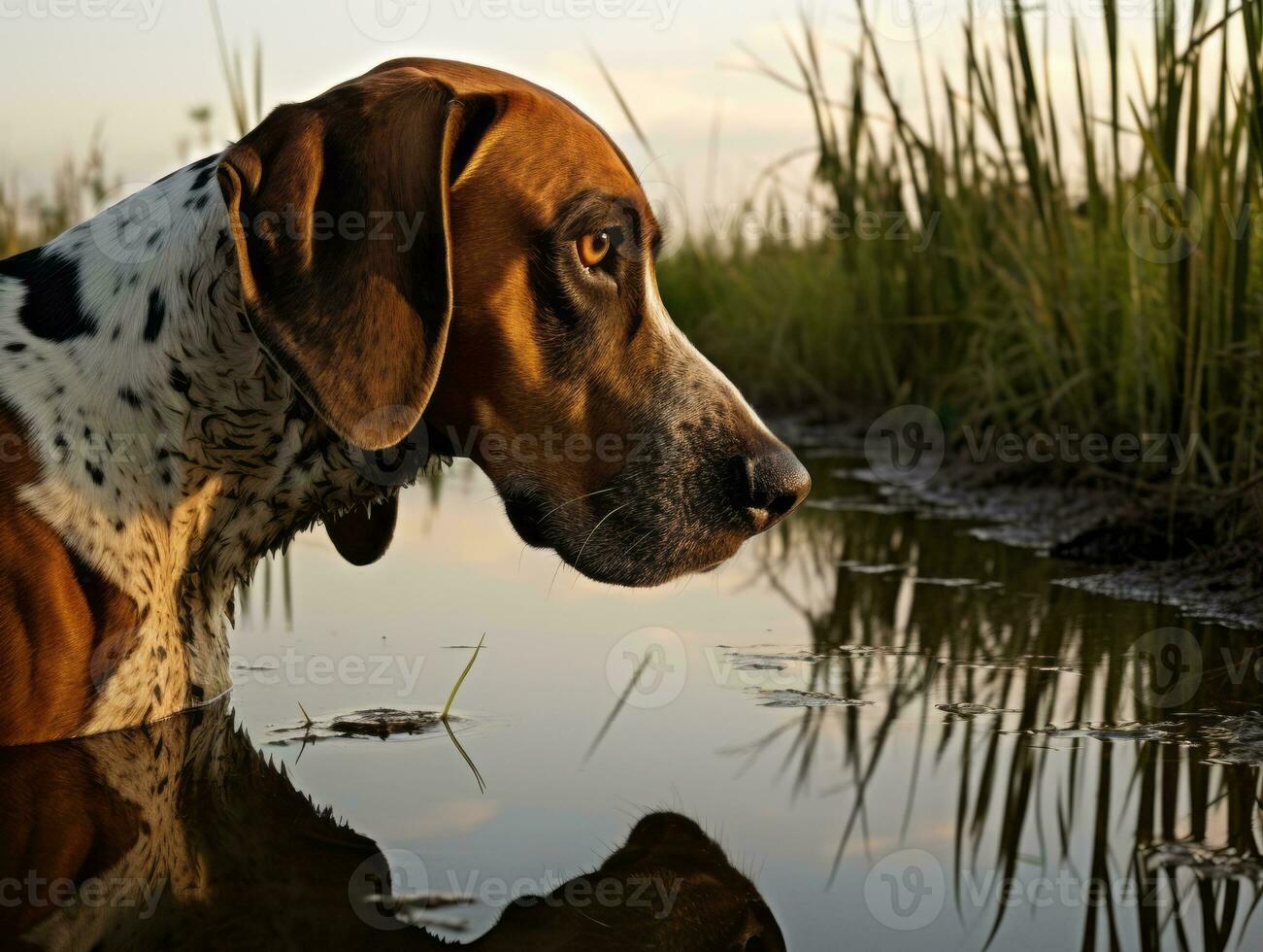 Dog and its reflection in a calm pond AI Generative photo