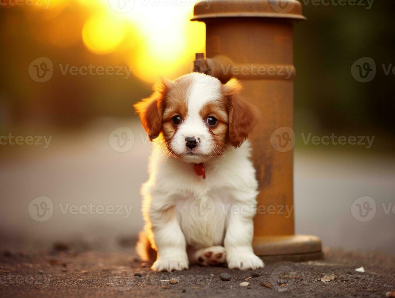 Cute puppy sitting by a fire hydrant AI Generative photo
