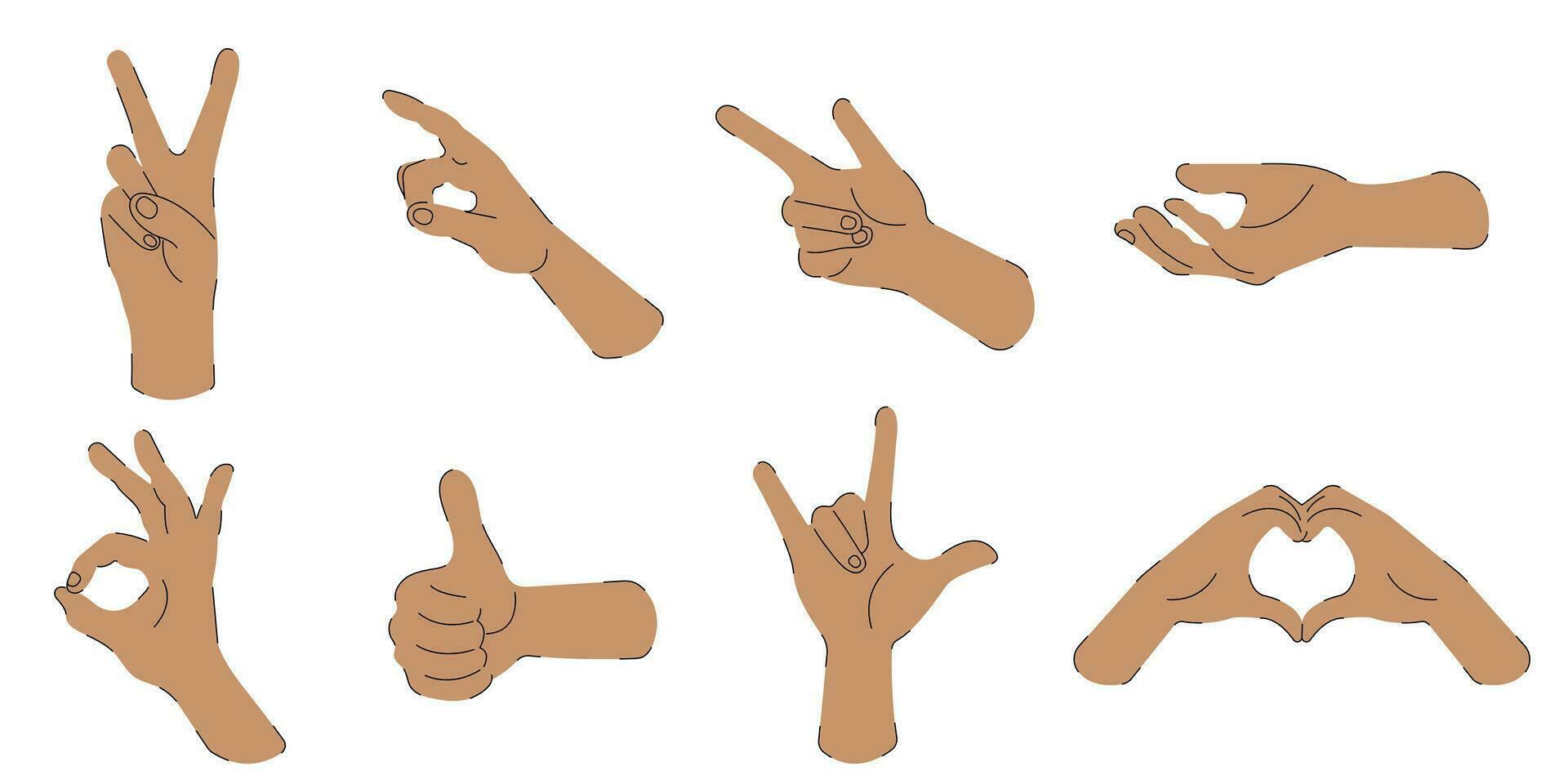 conjunto de plano ilustraciones de manos en un blanco antecedentes. tocar, bailar, corazón desde manos, índice dedo, figura aprox. moderno vector ilustración de brazos cuerpo partes.