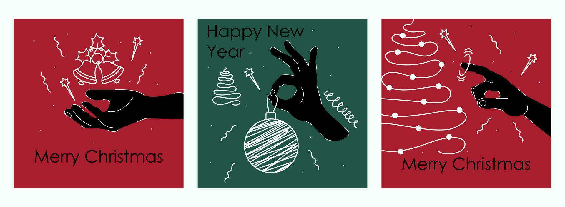 conjunto de alegre Navidad y nuevo año póster diseño. con manos, Navidad pelotas con manchas en garabatear estilo. vistoso ilustraciones en collage estilo. moderno vector diseño para pancartas, tarjetas, saludos.