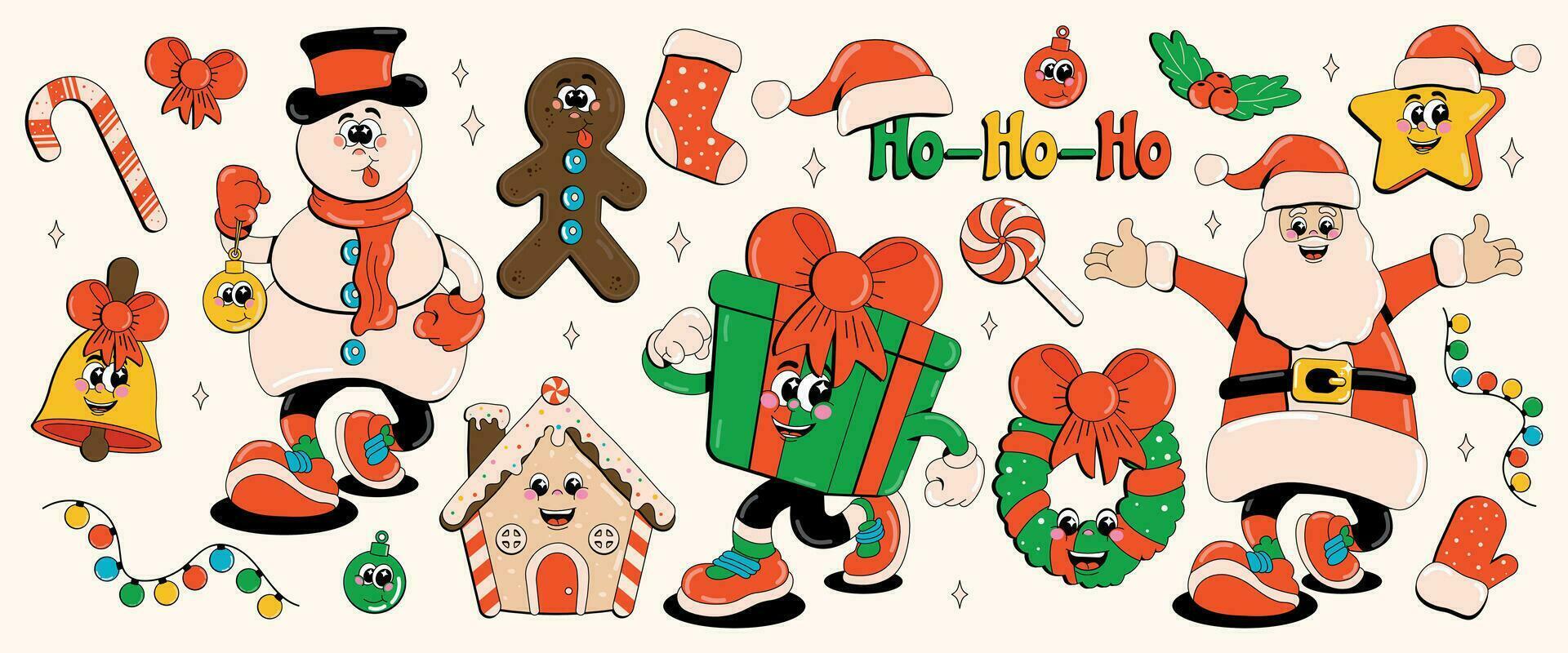 Funny Christmas themed retro cartoon characters Snowman, Santa Claus, gift, star, bell, New Year's wreath. Vector illustration in 60-80s style.