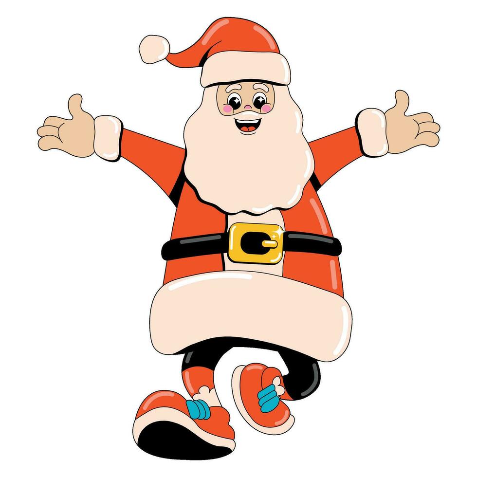 Funny Santa character in retro cartoon style. Vector illustration of 60s-80s vibe. Merry Christmas and Happy New Year.