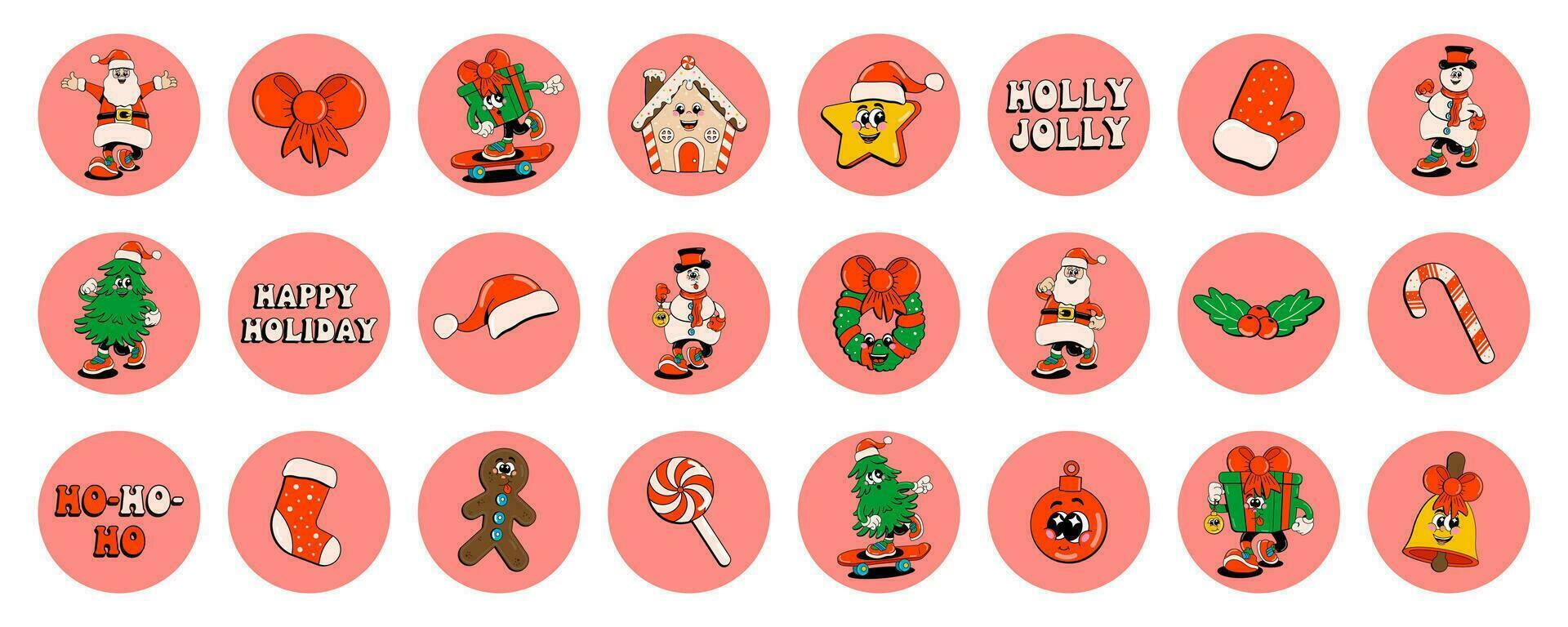 Set of stickers in retro cartoon style Merry Christmas and Happy New Year. Modern vector illustration in 70-80s style. Santa Claus, gingerbread cookies, ho-ho, mittens, house, tree, decorations.