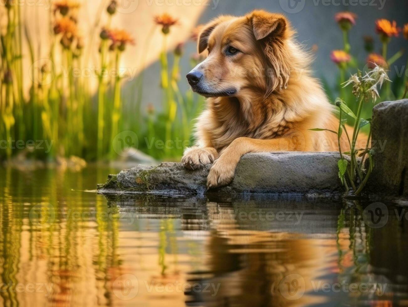 Dog and its reflection in a calm pond AI Generative photo
