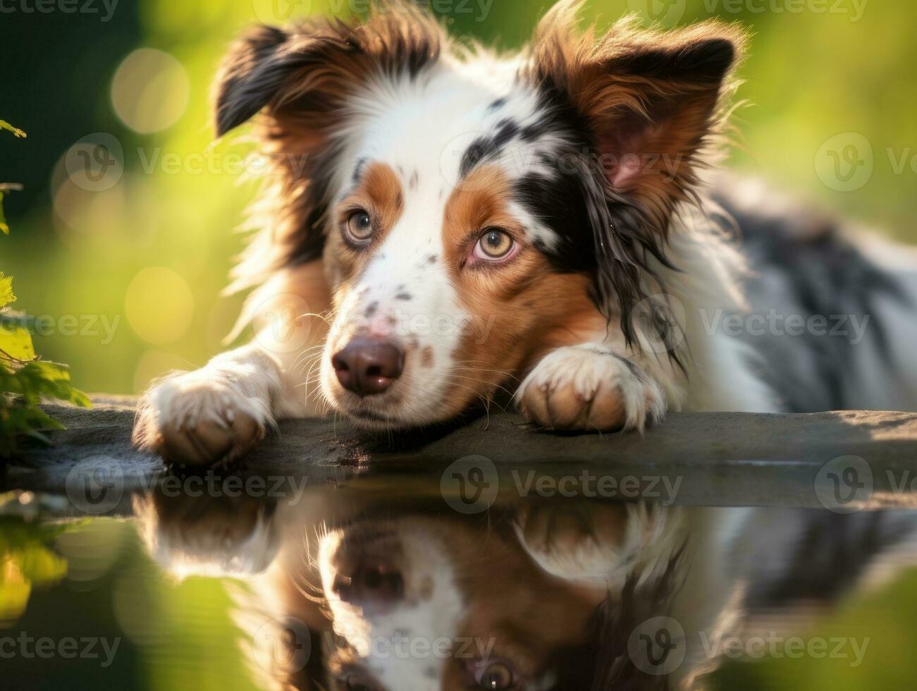 Dog and its reflection in a calm pond AI Generative photo