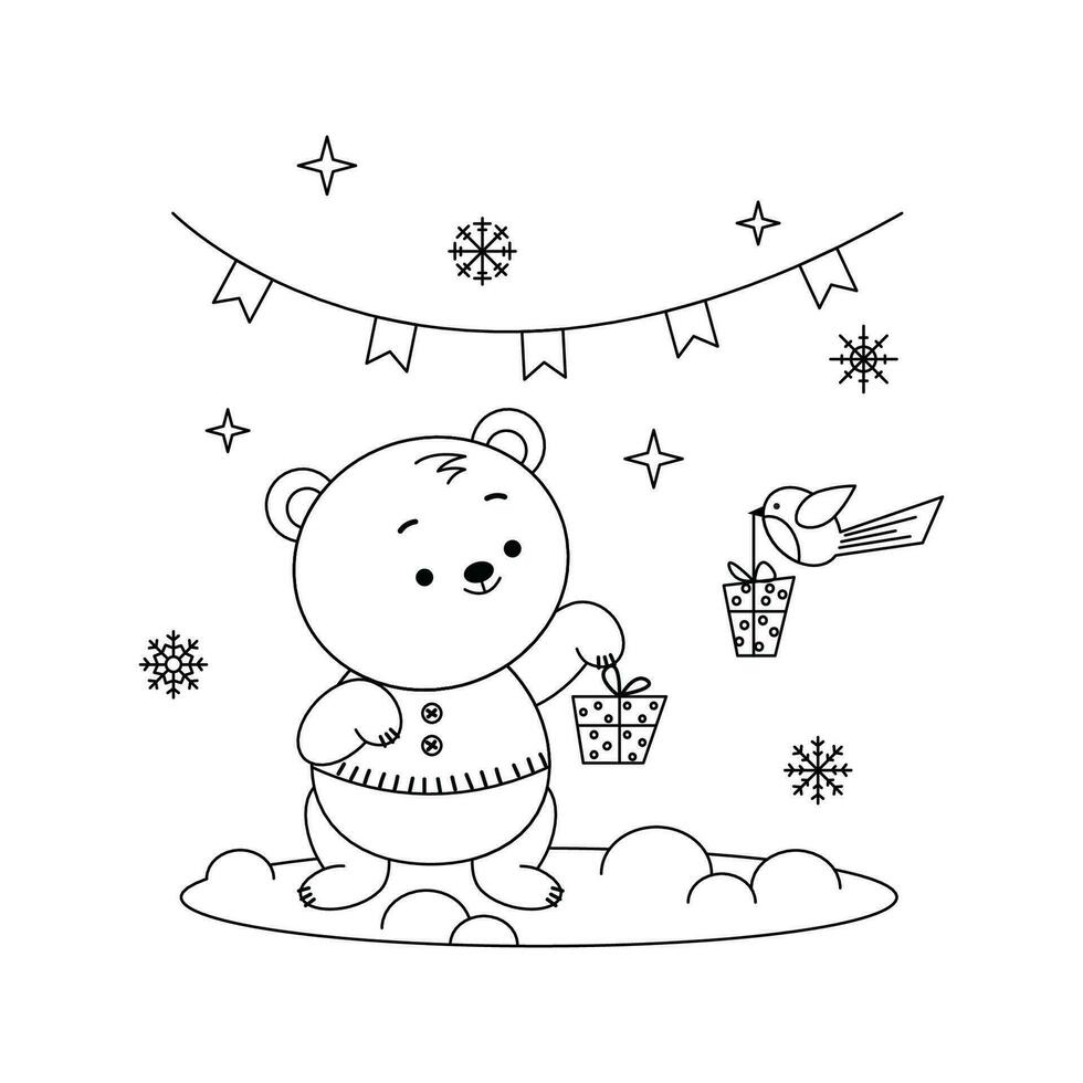 polar oso, dibujos animados personaje, colorante libro para niños, diseño para nuevo año y Navidad Días festivos vector