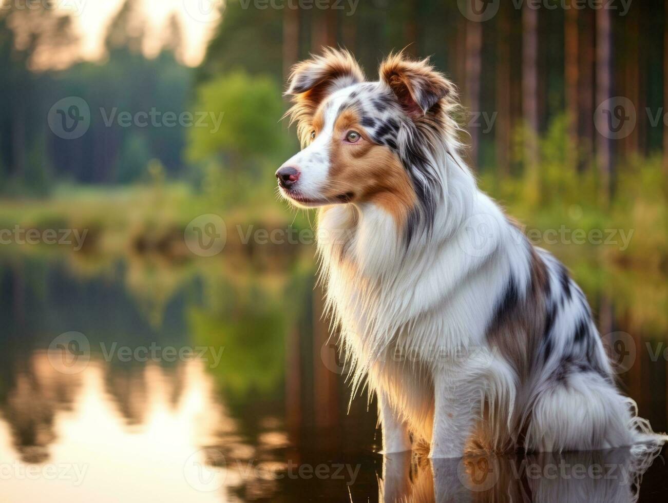 Dog and its reflection in a calm pond AI Generative photo