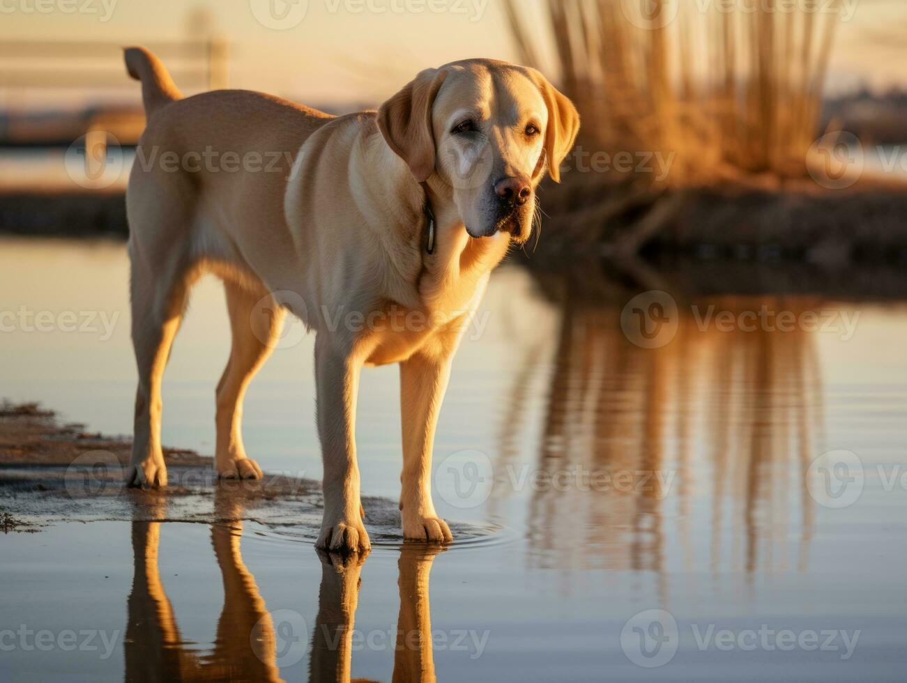 Dog and its reflection in a calm pond AI Generative photo