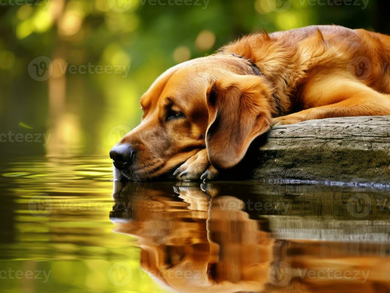 Dog and its reflection in a calm pond AI Generative photo