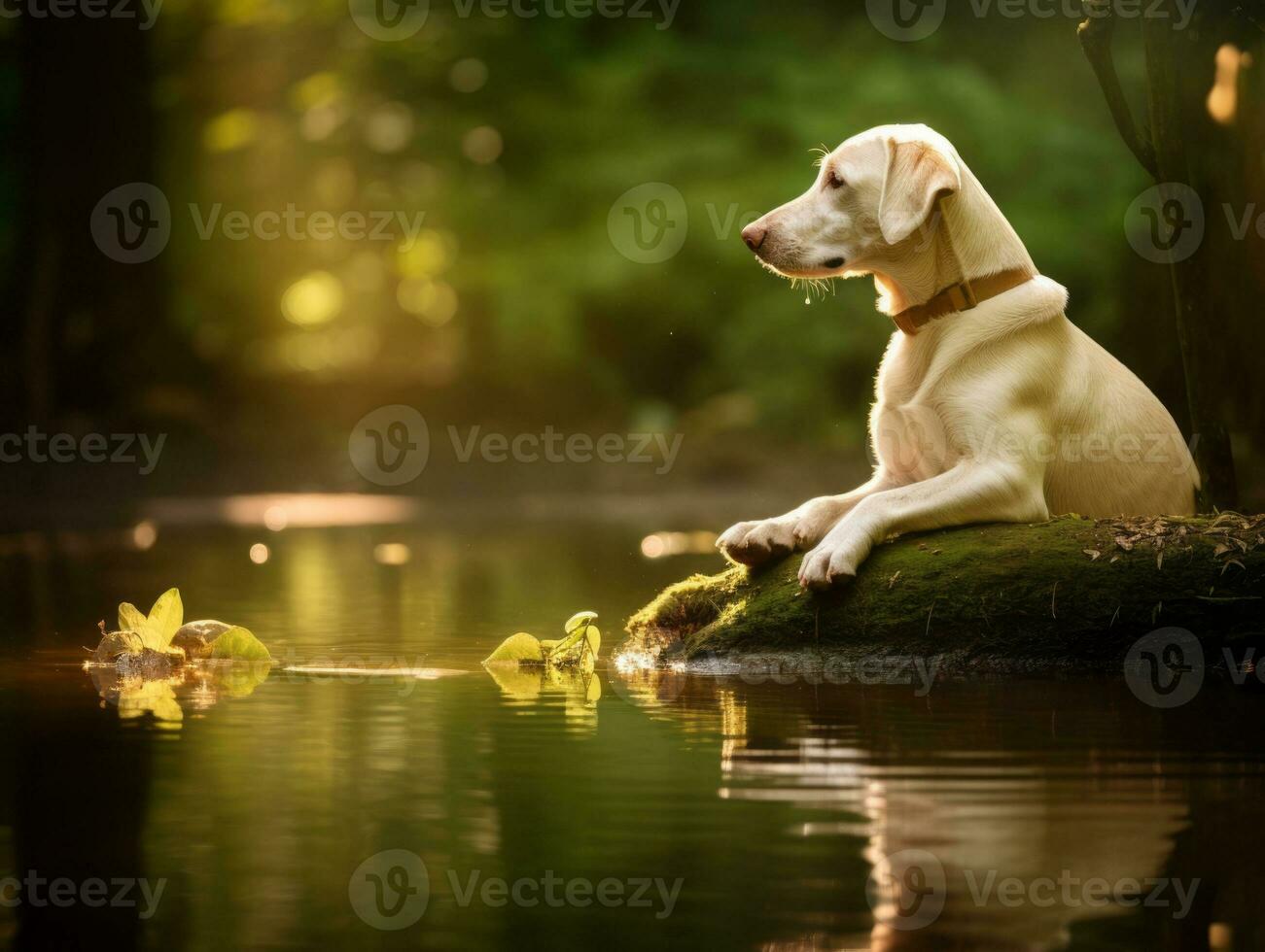 Dog and its reflection in a calm pond AI Generative photo