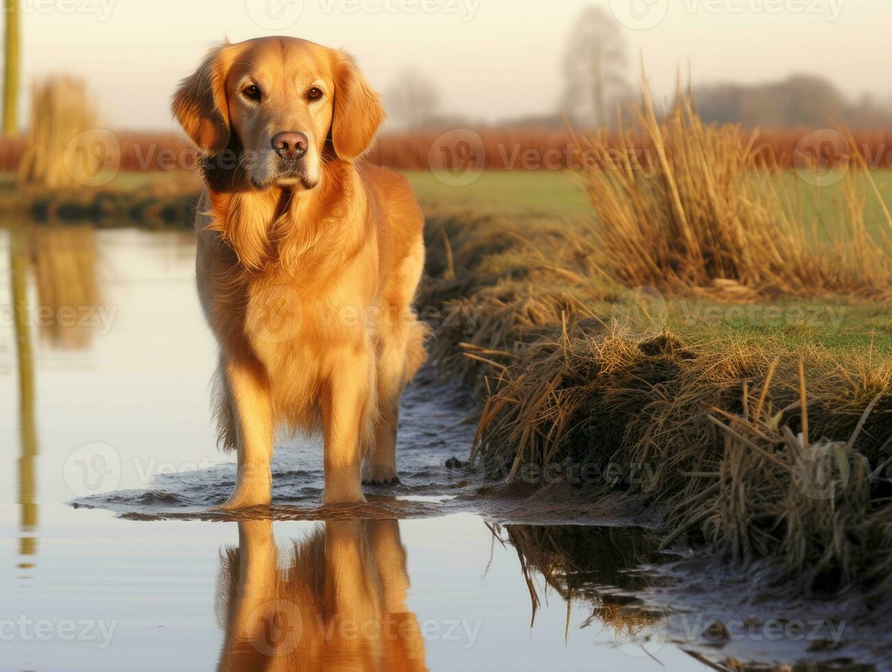 Dog and its reflection in a calm pond AI Generative photo
