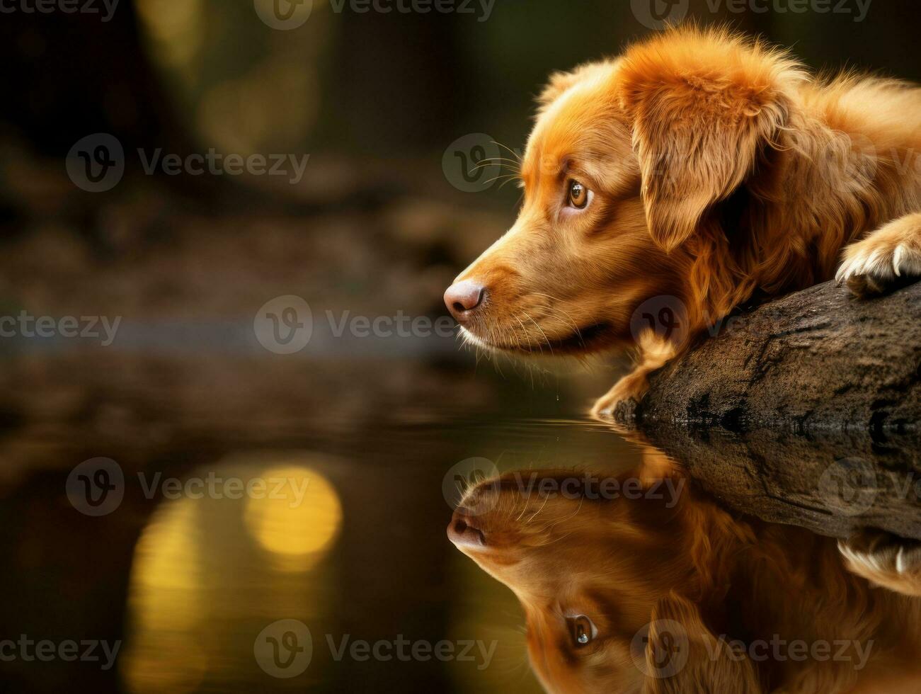Dog and its reflection in a calm pond AI Generative photo