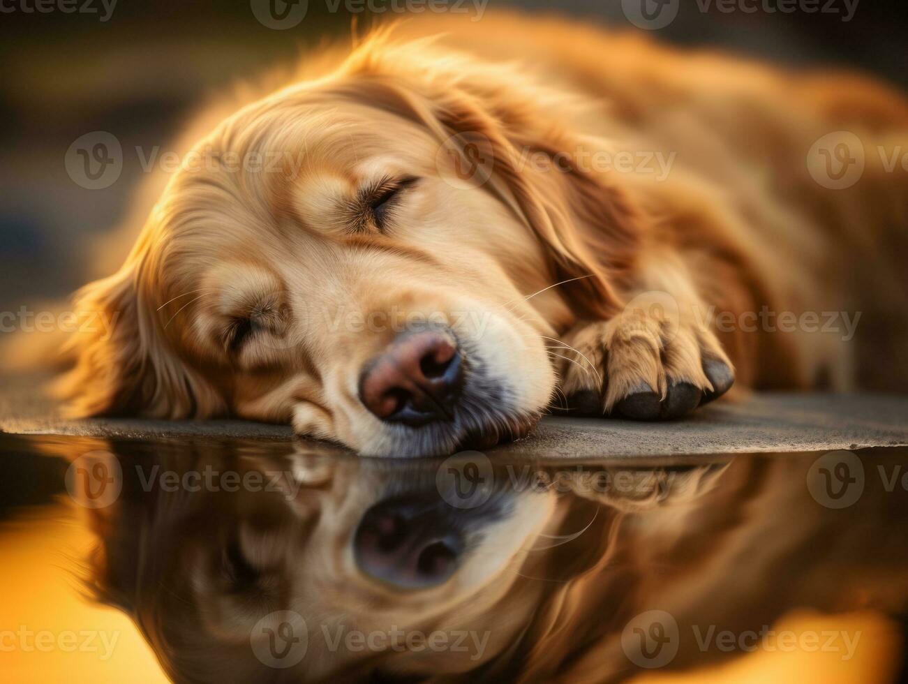 Dog and its reflection in a calm pond AI Generative photo