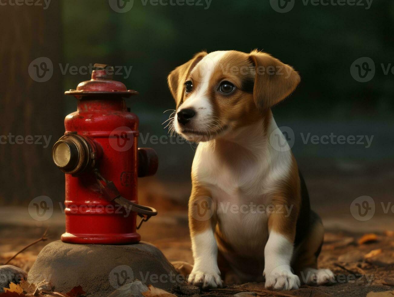 Cute puppy sitting by a fire hydrant AI Generative photo