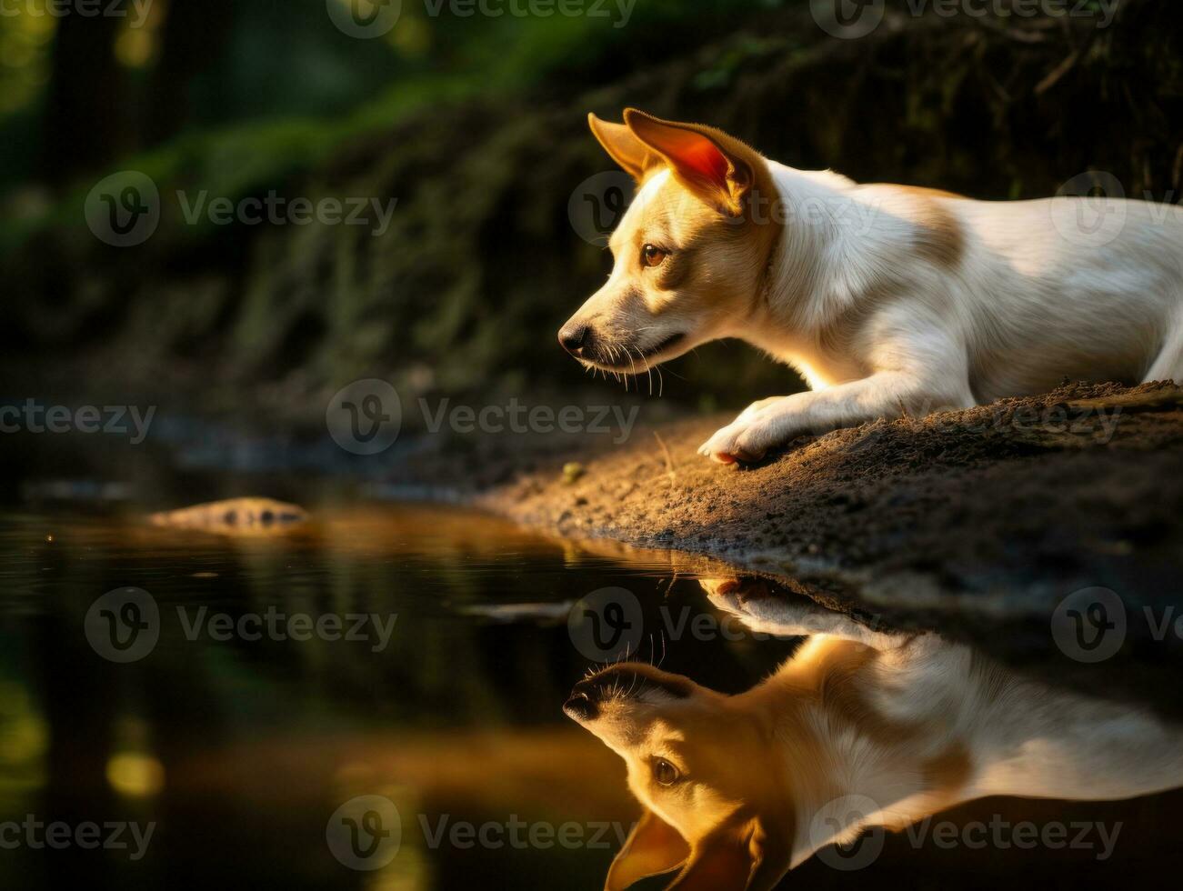 Dog and its reflection in a calm pond AI Generative photo