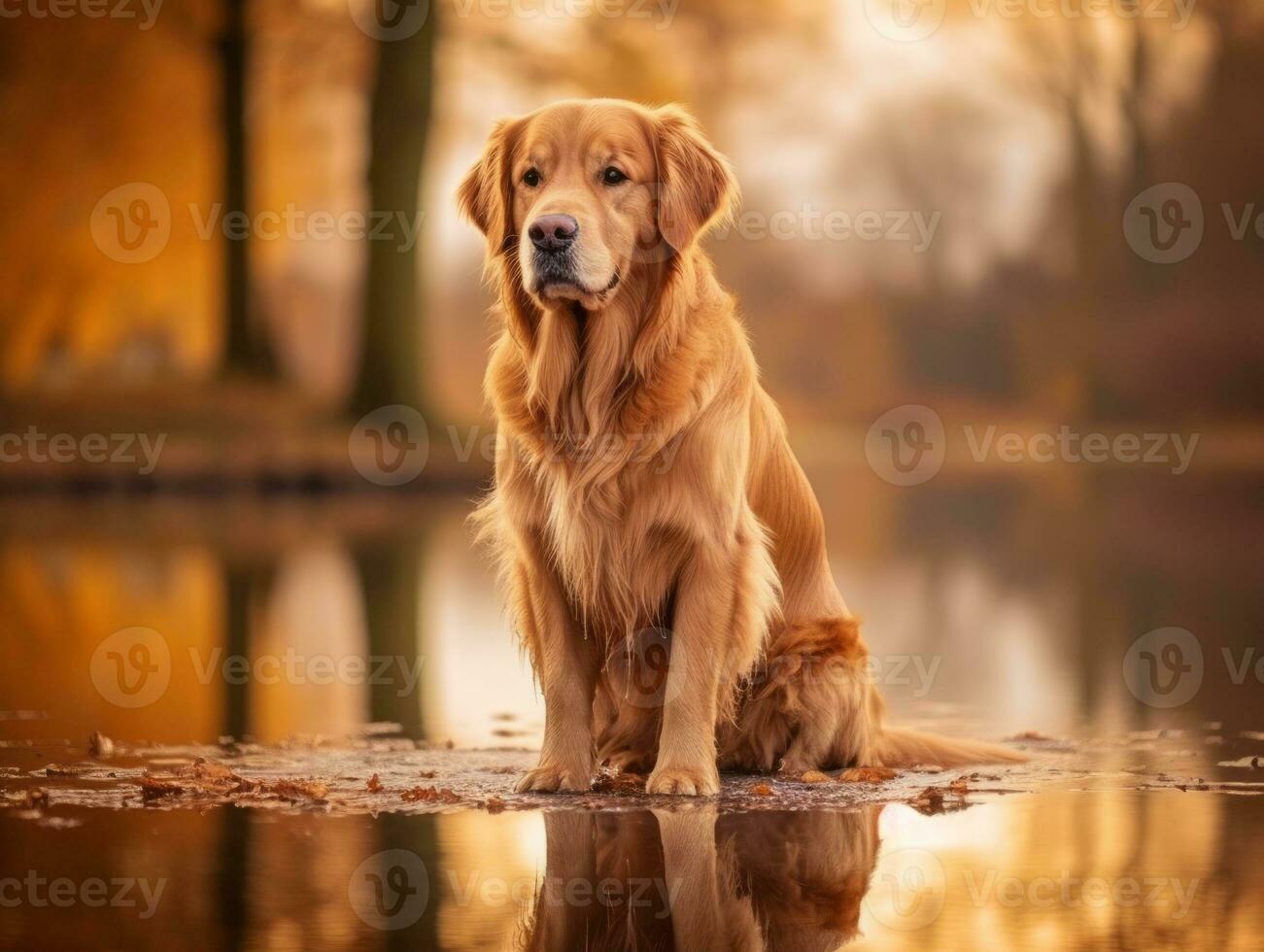 Dog and its reflection in a calm pond AI Generative photo
