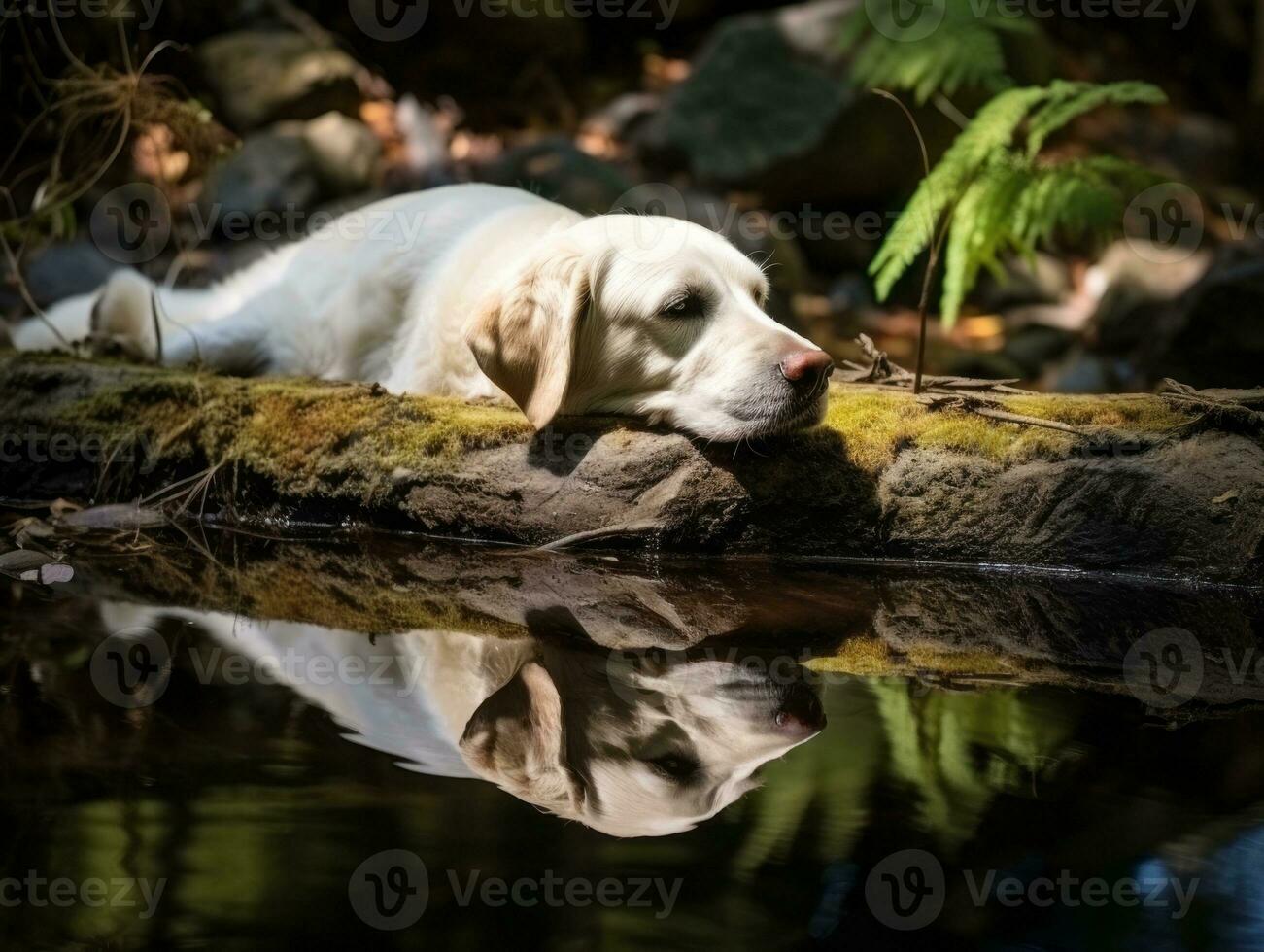 Dog and its reflection in a calm pond AI Generative photo