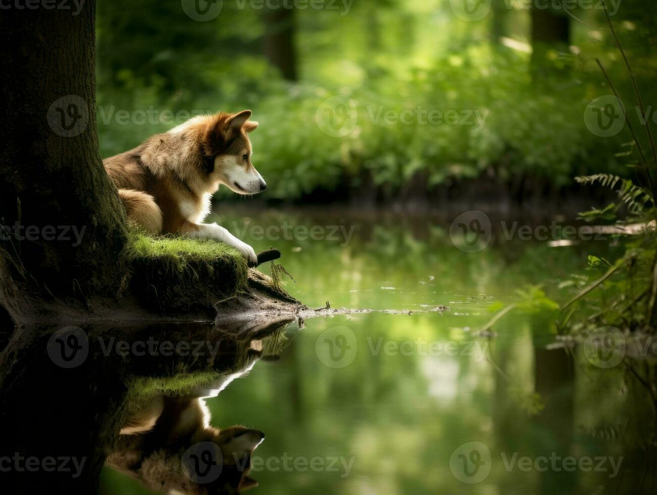 Dog and its reflection in a calm pond AI Generative photo