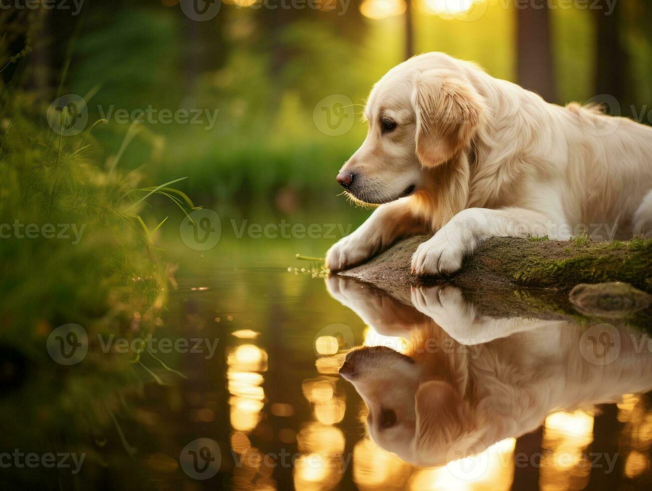 Dog and its reflection in a calm pond AI Generative photo