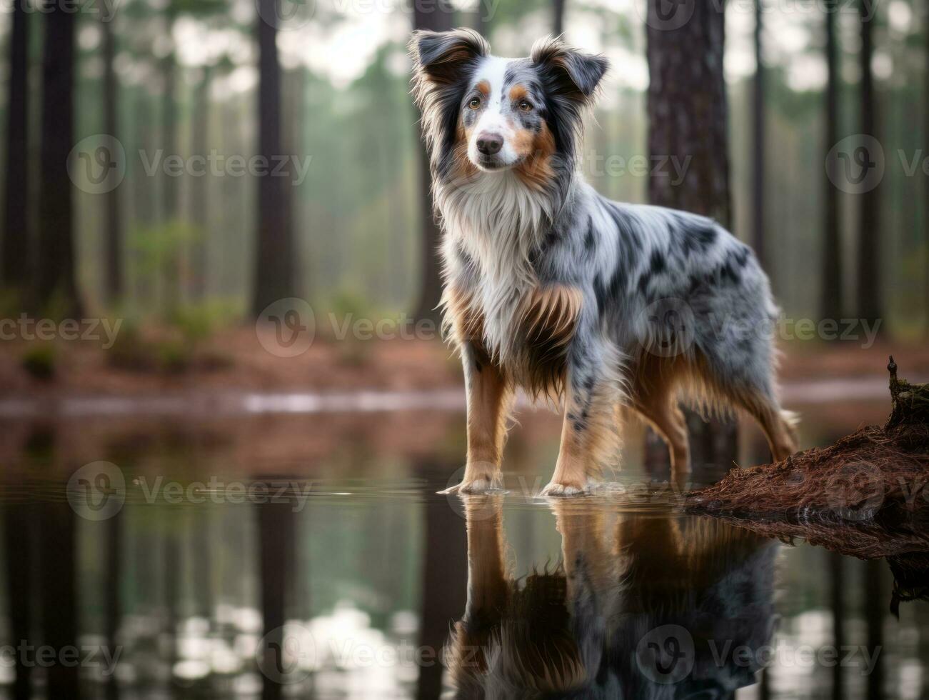 Dog and its reflection in a calm pond AI Generative photo
