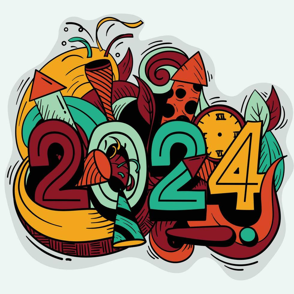 Typography number of 2024 with new year party icons in colorful design for new year celebration vector
