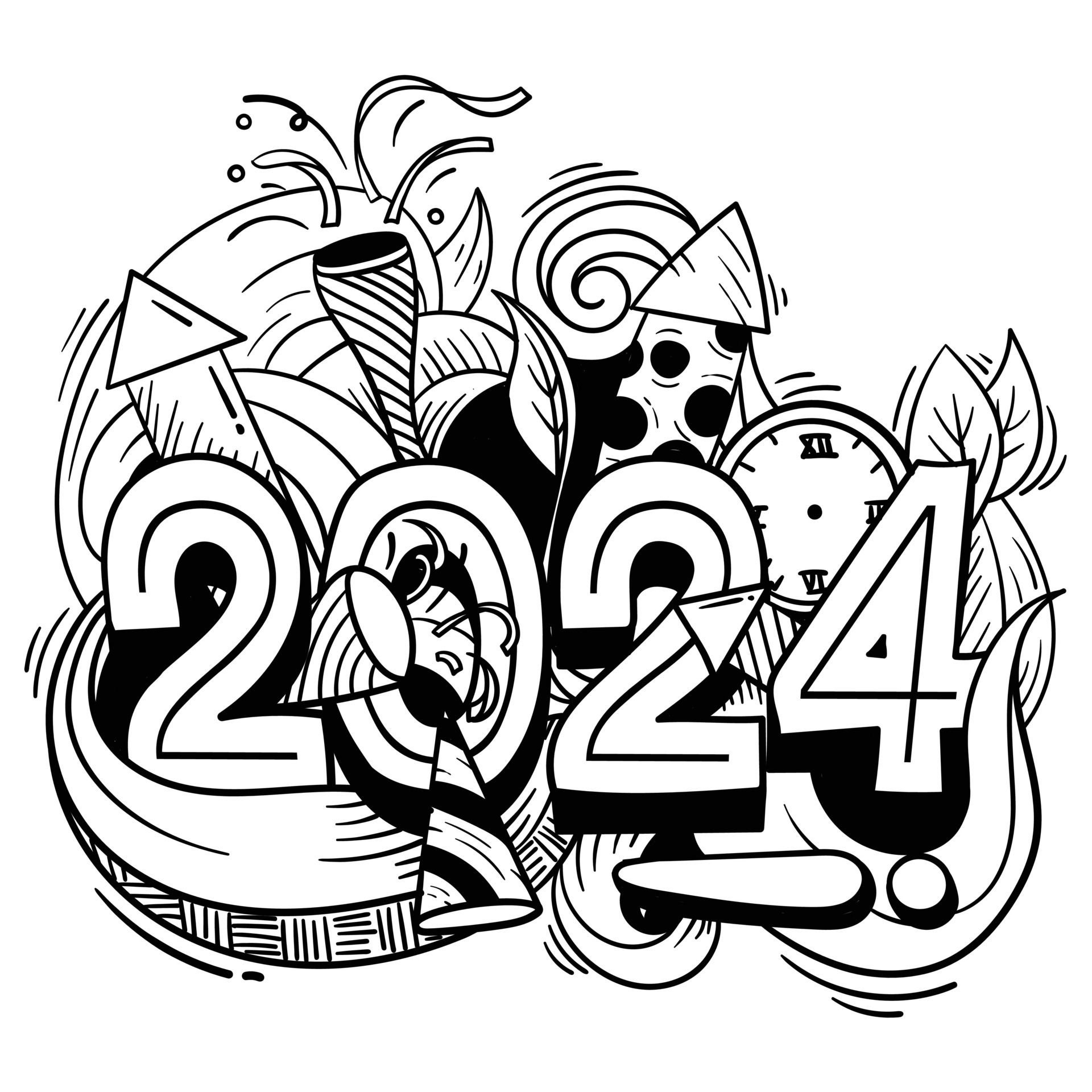 Doodle art of 2024 with party icons design for happy new year