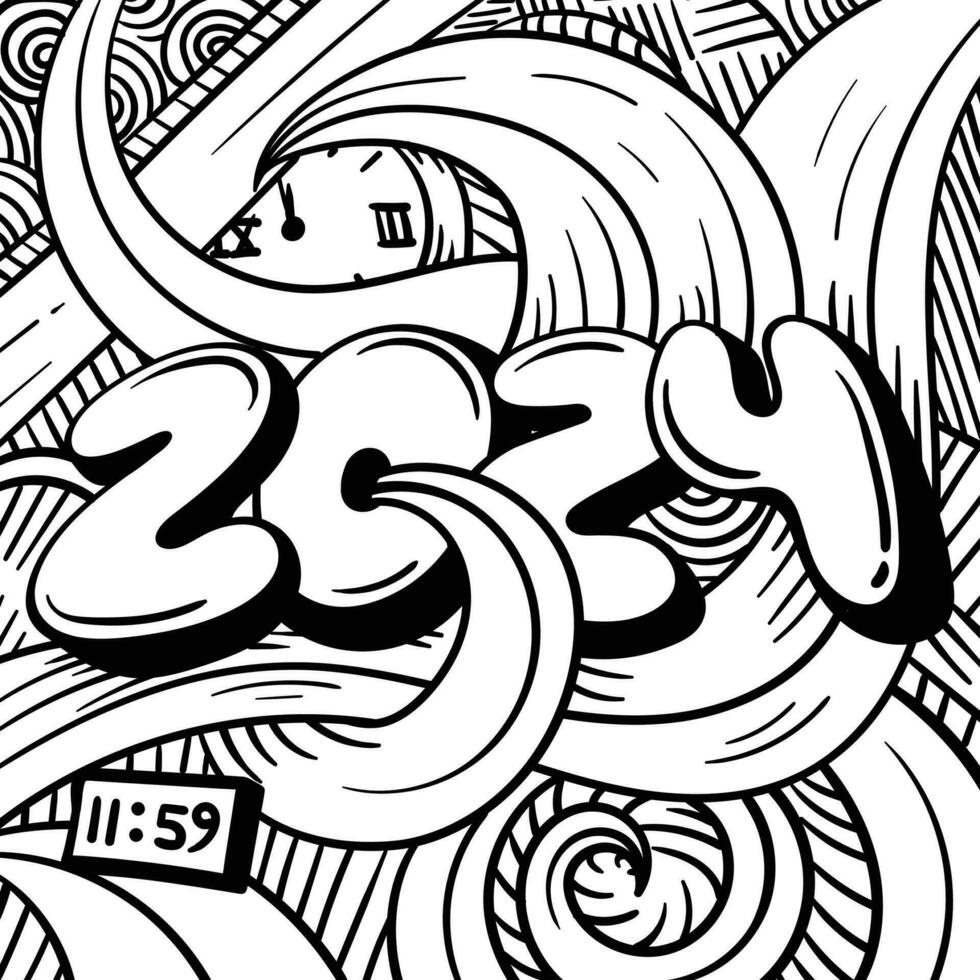 Cute typography number of 2024 in doodle art with floral background for new year design template vector