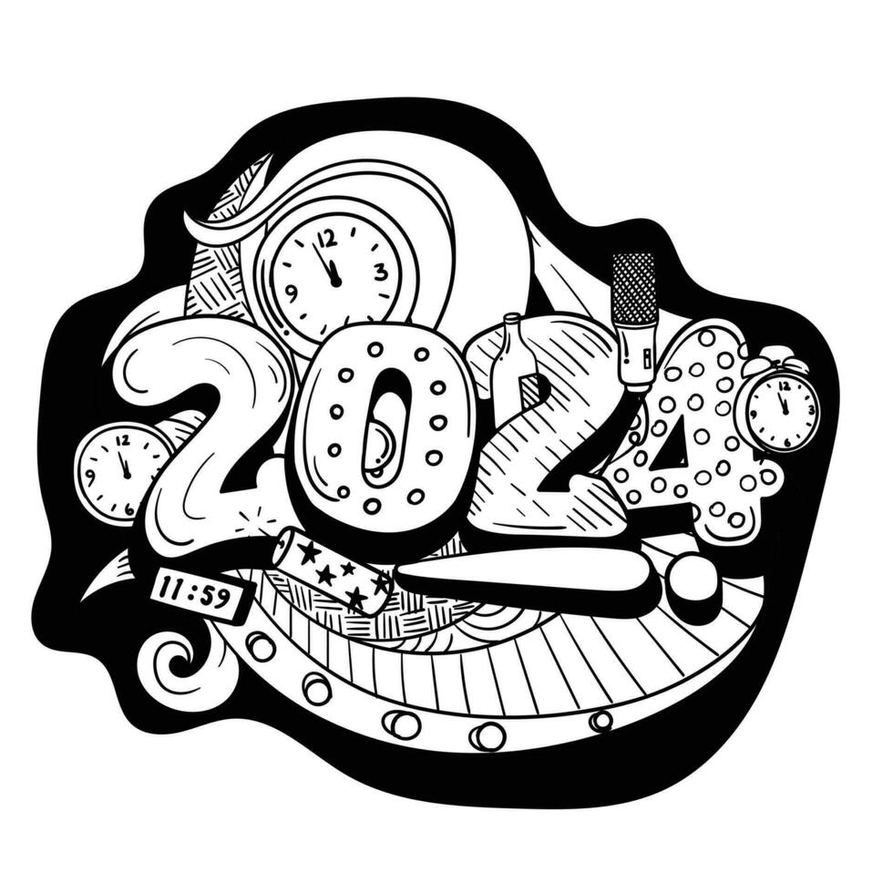 Typography number of 2024 in doodle art design for happy new year 2024 template design vector