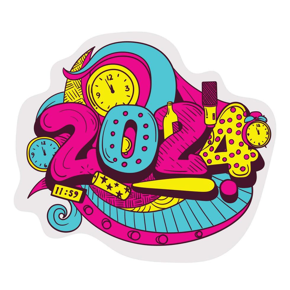 Doodle art of 2024 typography design in retro colorful design for new year celebration template vector