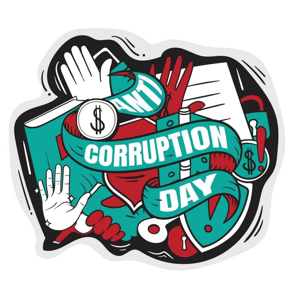 Anti corruption day vector illustration with doodle art of ribbon and icons design