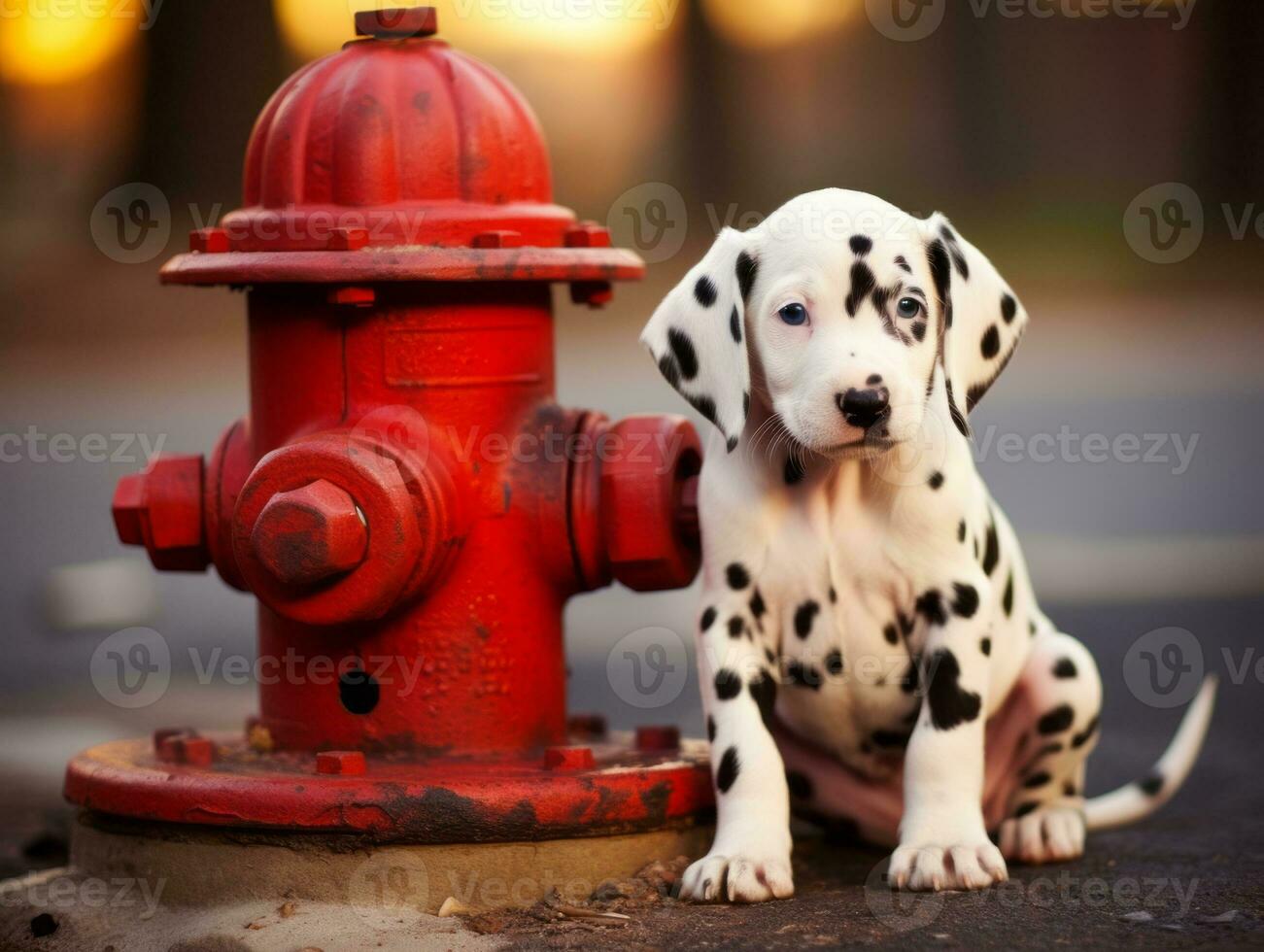 Cute puppy sitting by a fire hydrant AI Generative photo