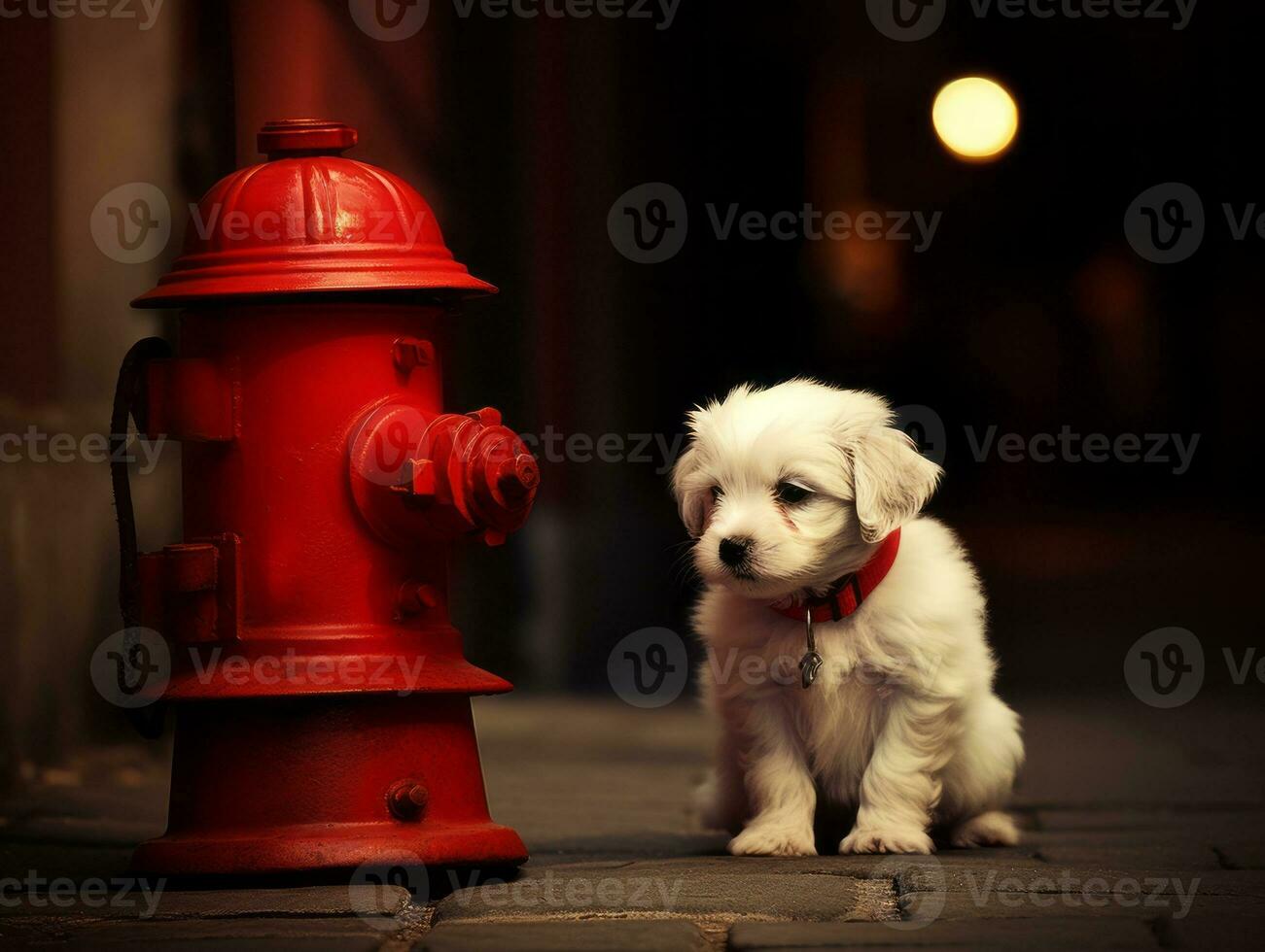 Cute puppy sitting by a fire hydrant AI Generative photo