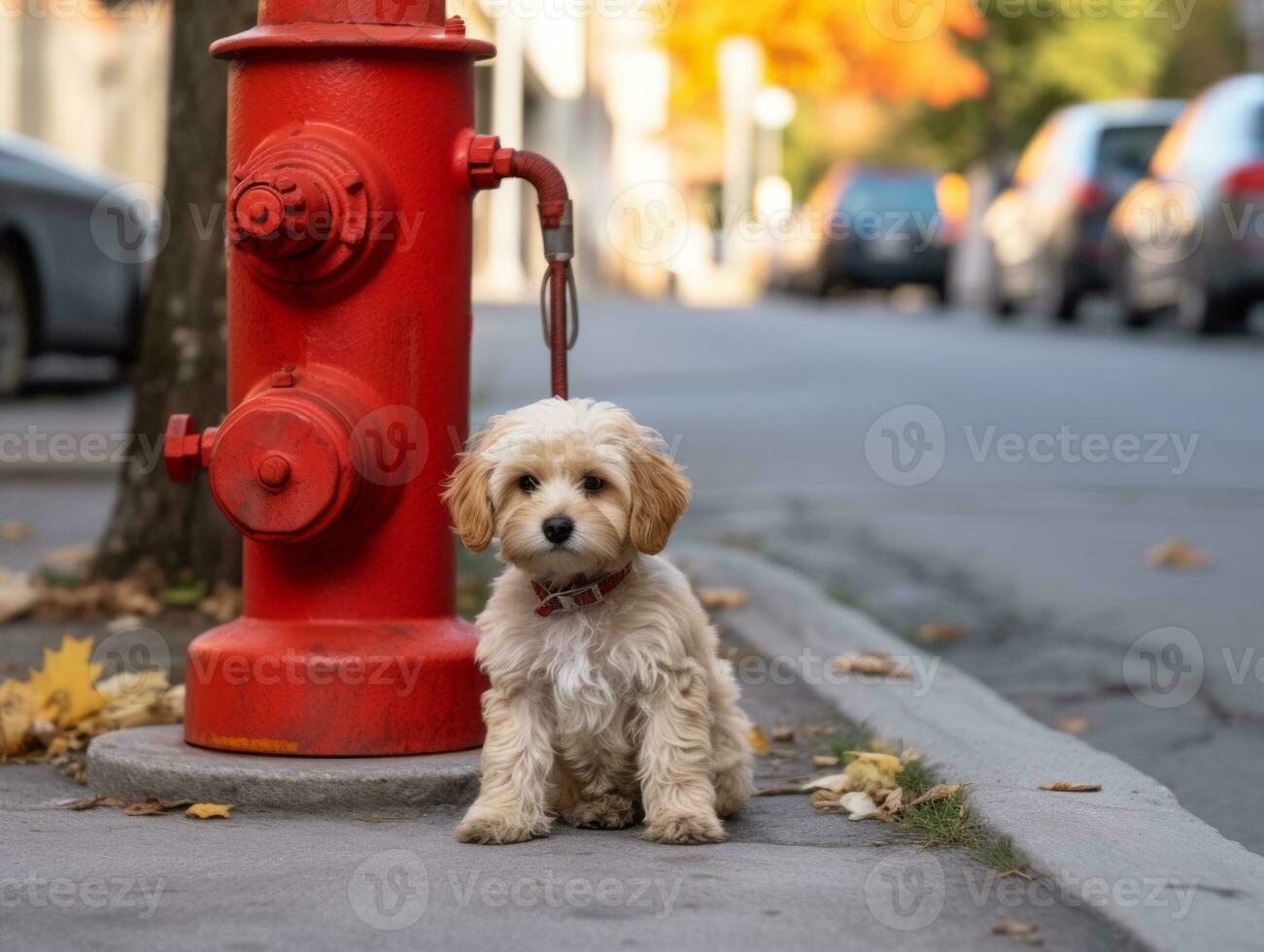 Cute puppy sitting by a fire hydrant AI Generative photo