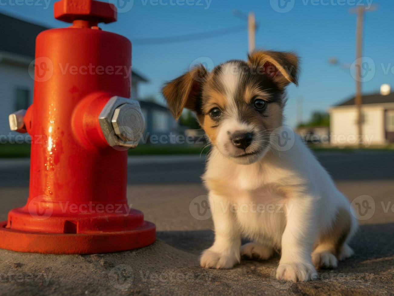 Cute puppy sitting by a fire hydrant AI Generative photo