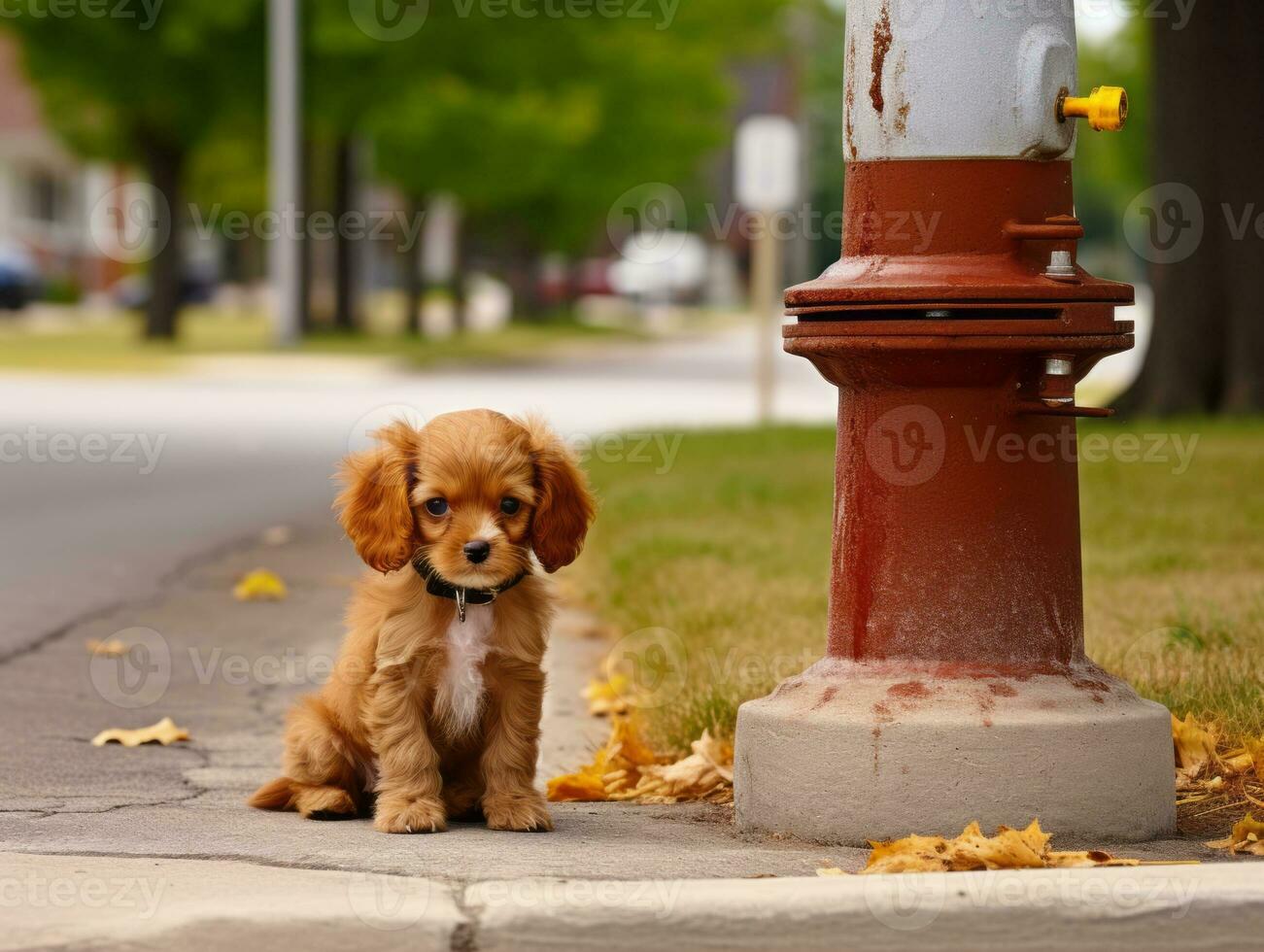 Cute puppy sitting by a fire hydrant AI Generative photo