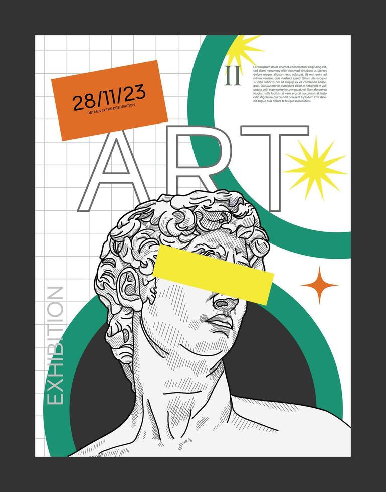 New modern vector poster design. Brutalism inspired graphics in web template layouts made with abstract geometric shapes, classical art sculpture, grid. For poster, website headers, digital print use