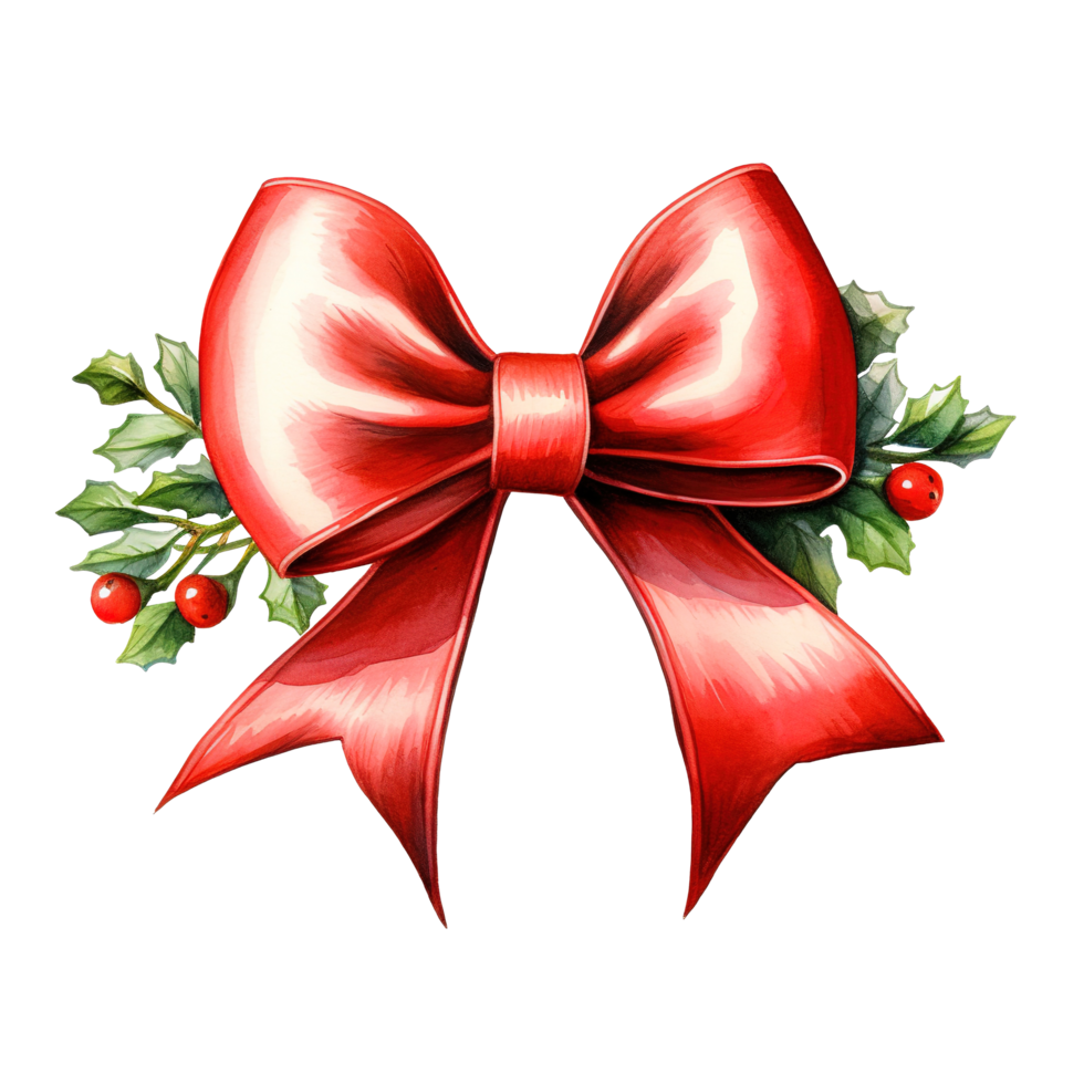 Red Bow For Christmas Event. Watercolor Style. AI Generated png